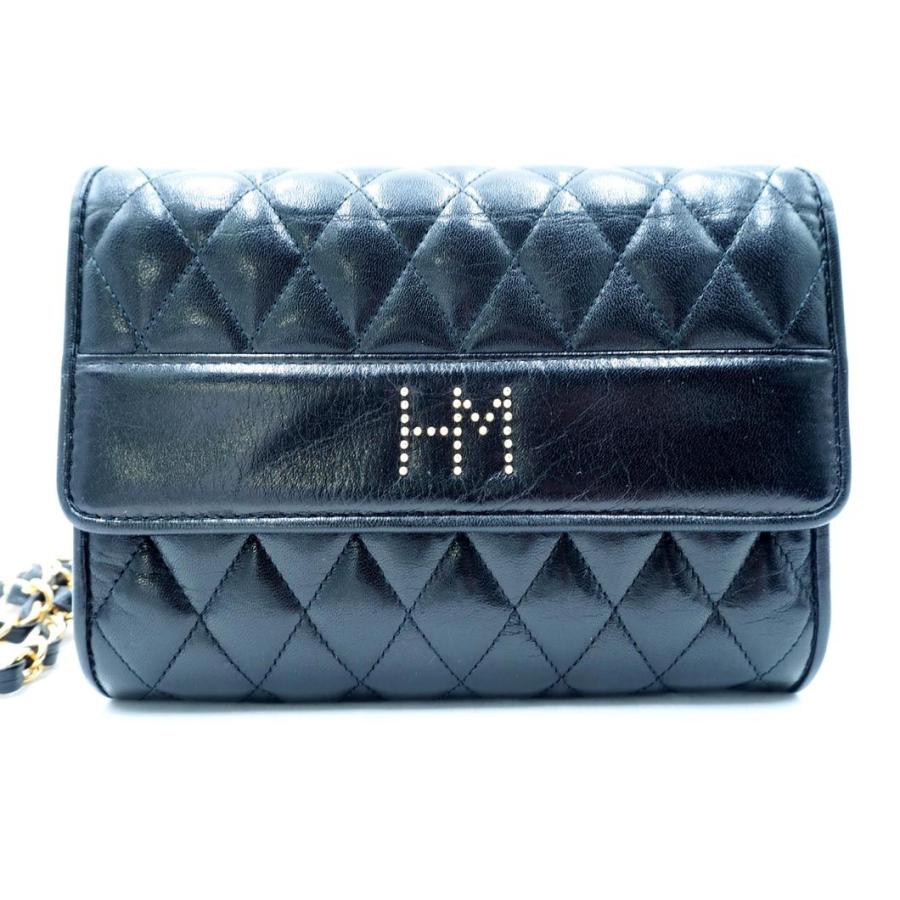 ハナエモリ キルティング チェーン ショルダー バッグ 黒 □□ ☆ ecc7  