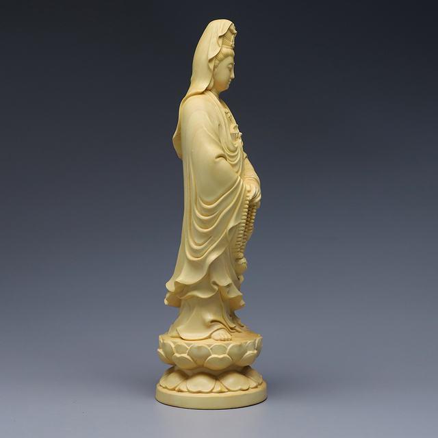 観音様 観世音菩薩立像 極上彫り 高級天然ツゲ 木彫り 観音仏像 12cm