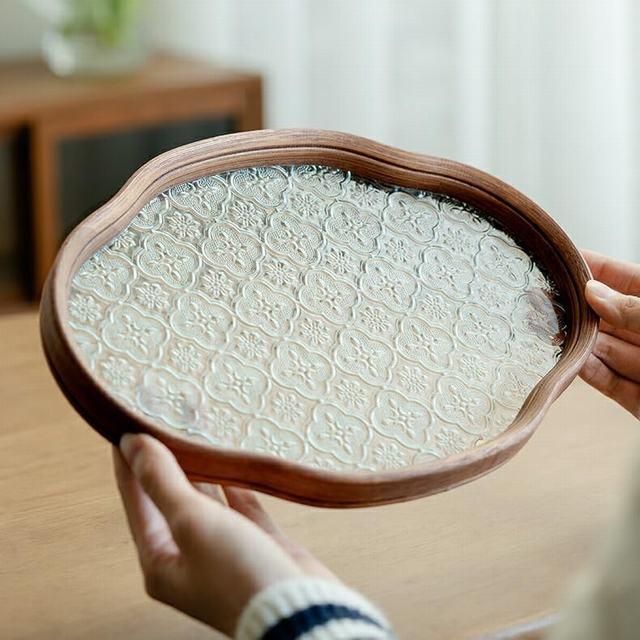 トレー トレイ ガラス 盛器 雲型 楕円 花柄 透明 お皿 プレート 木 ティートレー カフェプレート 花海棠柄 木枠オリエンタル盆トレー |  | 02