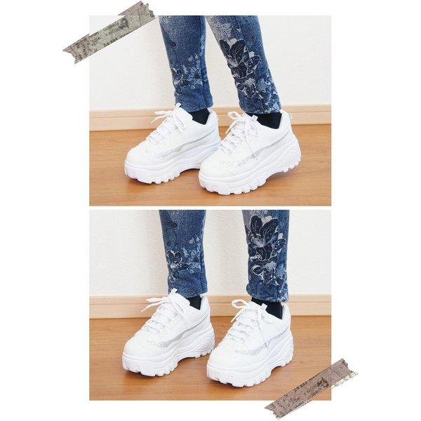 【訳あり・返品不可】 ※接着剤変色 黄ばみ 箱汚れの為 レースアップ 厚底 スニーカー 軽量 レディース ソール 白 黒 プラットフォーム ダッド 6.5cm 足長 厚底 |  | 04