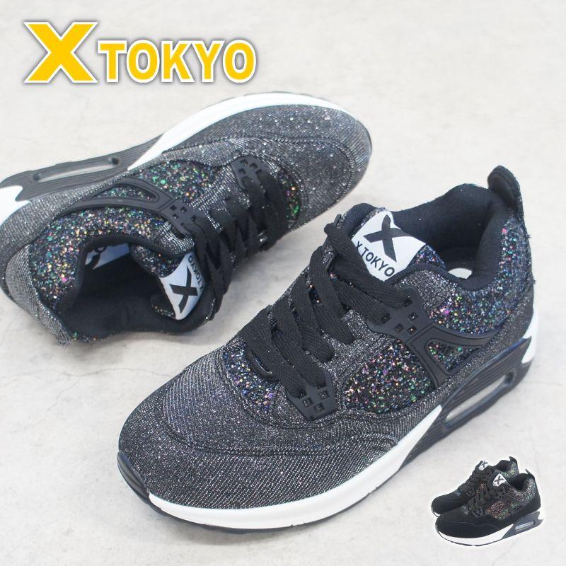 スニーカー レディース 靴 シューズ X TOKYO エックストーキョー エアクッション ラメ キラキラ インヒール 美脚 脚長 おしゃれ 40代 50代 安い ヒモ ko1197 | X TOKYO（スニーカー）