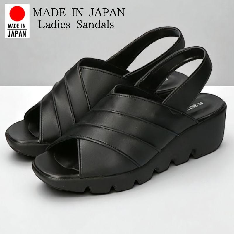 日本製 レディース サンダル オフィス ミュール 歩きやすい 疲れない 脱げにくい 黒 ブラック ストラップ ウェッジソール 5.5cmヒール ALFREDOVALENTINE nc1034 | 