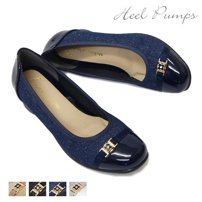 パンプス 痛くない ローヒール 歩きやすい クッション 太ヒール 黒 ブラック ラウンドトゥ コサージュ 3E 走れる sm1202 | 