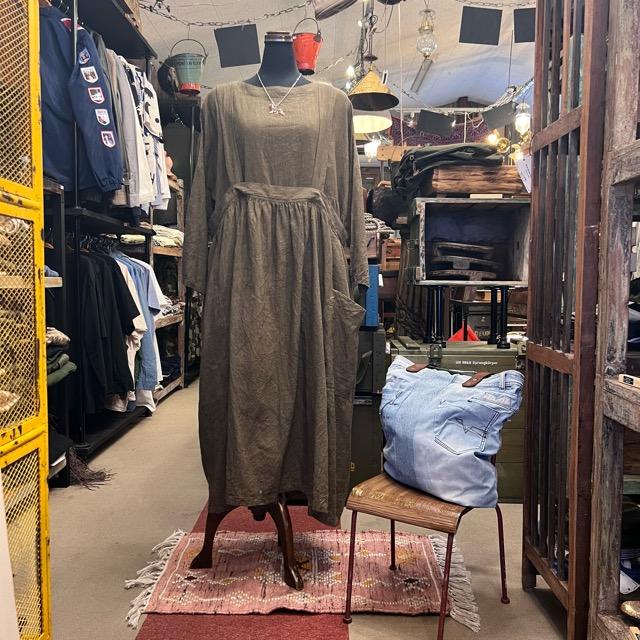 ICHI インディゴ コットン リネン ヘリンボーン ロング コート