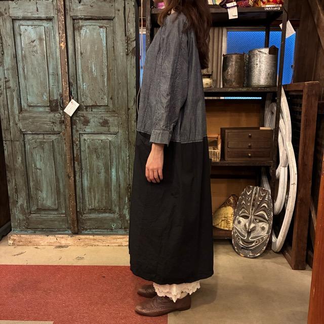 homspunネイビー ロングワンピース homspun コットンリネンウェザー ヨーク切り替え 七分袖