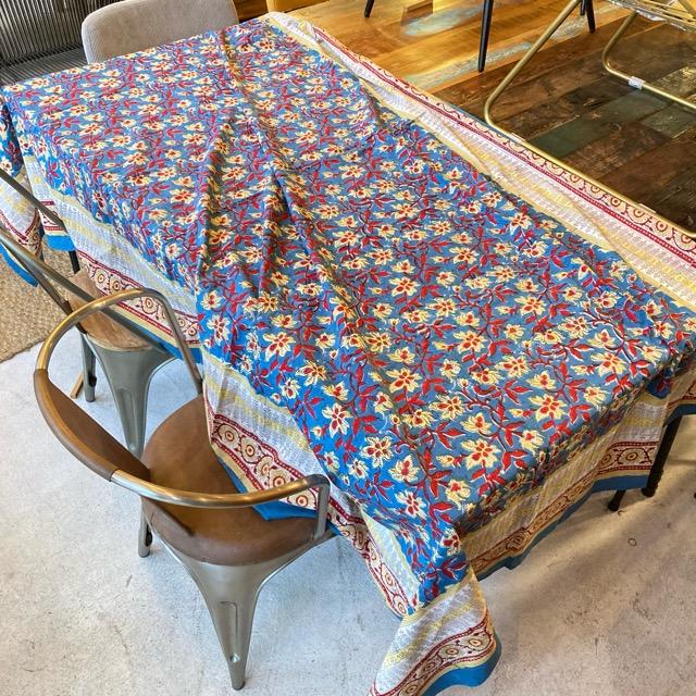 刺し子　刺繍　ブルー　長方形　テーブルクロス　布　インテリア　レトロ 刺し子刺繍ブルー長方形テーブルクロス布インテリアレトロ