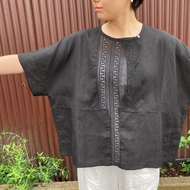 ユニヴァーサルティシュ／トリプルワッシャーリネンギャザーブラウス／ブラック／新品 UNIVERSAL TISSU｜ユニヴァーサルティシュ｜トリプルワッシャー