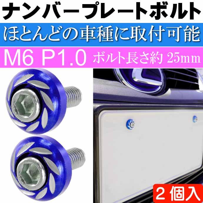ナンバープレートボルト ネジ カラーワッシャー 青2個 ビス M6 P1.0