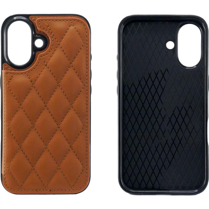 iPhone16 ケース キルティング カード収納ポケット付 ブラウン TPU+PC