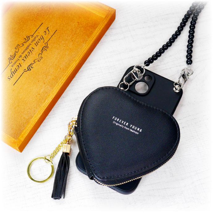 iPhone15 ケース スマホショルダー ハート型コインケース ブラック