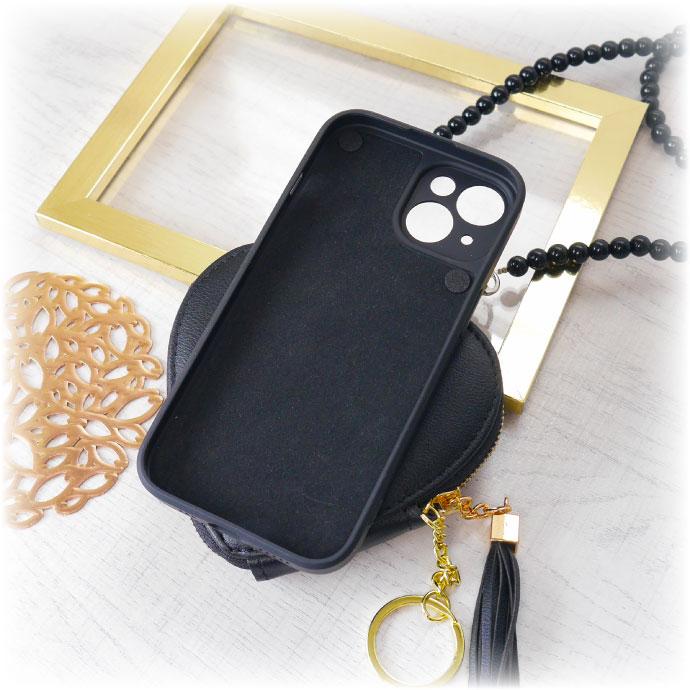 iPhone15 ケース スマホショルダー ハート型コインケース ブラック
