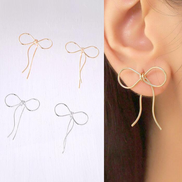 ピアス リボン シルバー ゴールド ぶら下がりピアス 韓国風 かわいい | 