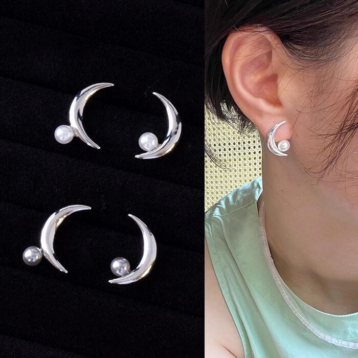 ピアス 三日月 パール グレーパール アシンメトリーデザイン 左右非対称 | 