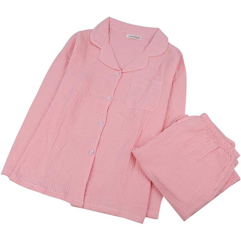 レディース ダブルガーゼパジャマ 襟付き 無地肌に優しい綿100％ サイズM L XL (M, 襟付き 濃いピンク)｜access-partner｜04