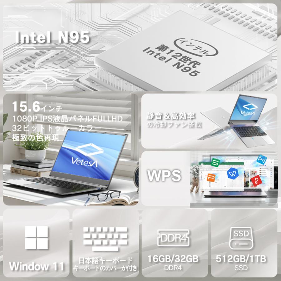 保証付 新品 ノートパソコン ノートPC Win11搭載 WPS Office Celeron メモリ16GB SSD512GB 15.6型 指紋認証 10キー  初心者向け テレワーク応援 送料無料   NQ7 | VETESA | 04