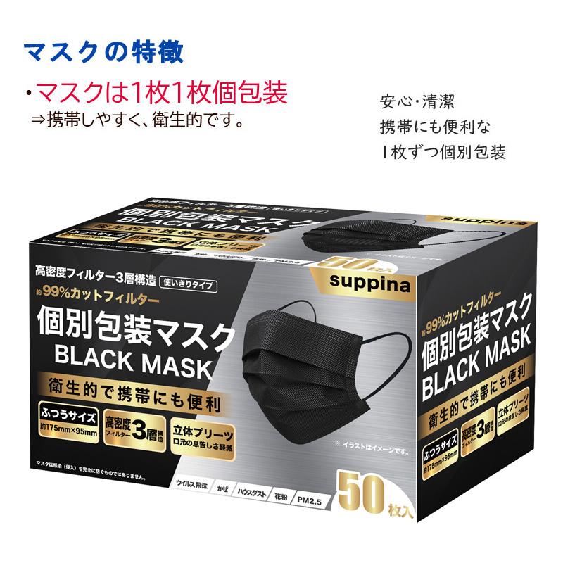 不織布マスク 50枚 1枚ずつ個包装 ブラック 不織布 マスク 黒 個別包装
