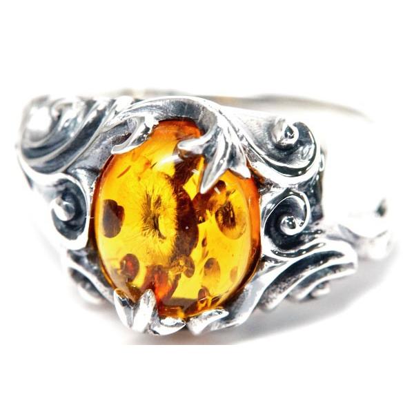 シルバー925 リング アンバー 琥珀 アラベスク 百合の花 石留め メンズ
