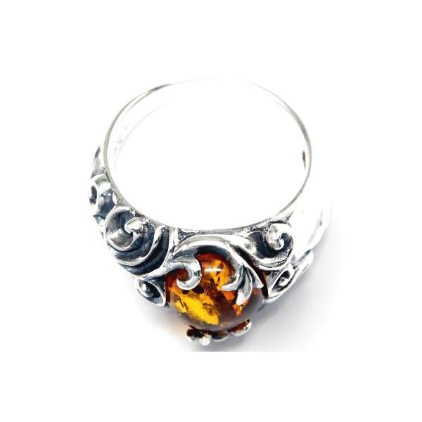 シルバー925 リング アンバー 琥珀 アラベスク 百合の花 石留め メンズ