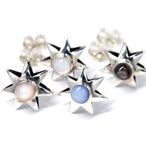 インディアンジュエリー スタッドピアス 天然石 スター 星 シルバー925 「アワビ貝/ピンクシェル/ホワイトシェル/ブルーレースアゲート」 | Indian Jewelry | 01