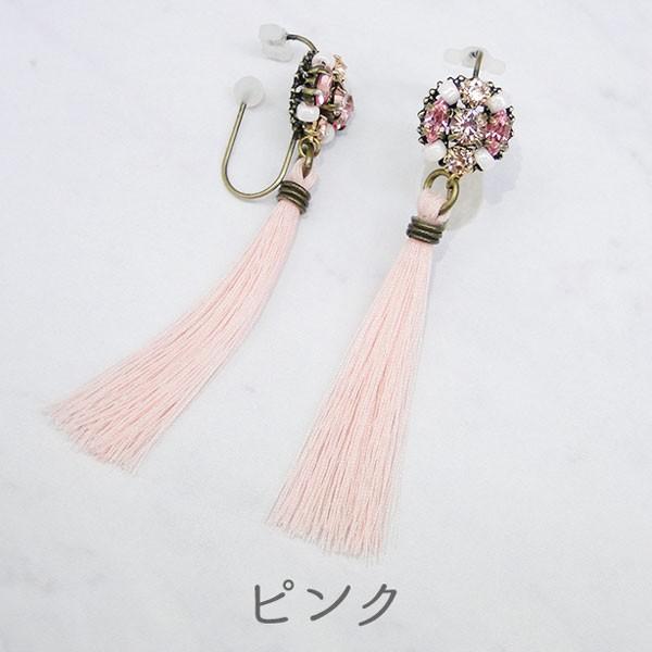 痛くないイヤリング アンティーク調 ビジュー×タッセル ハンドメイド 