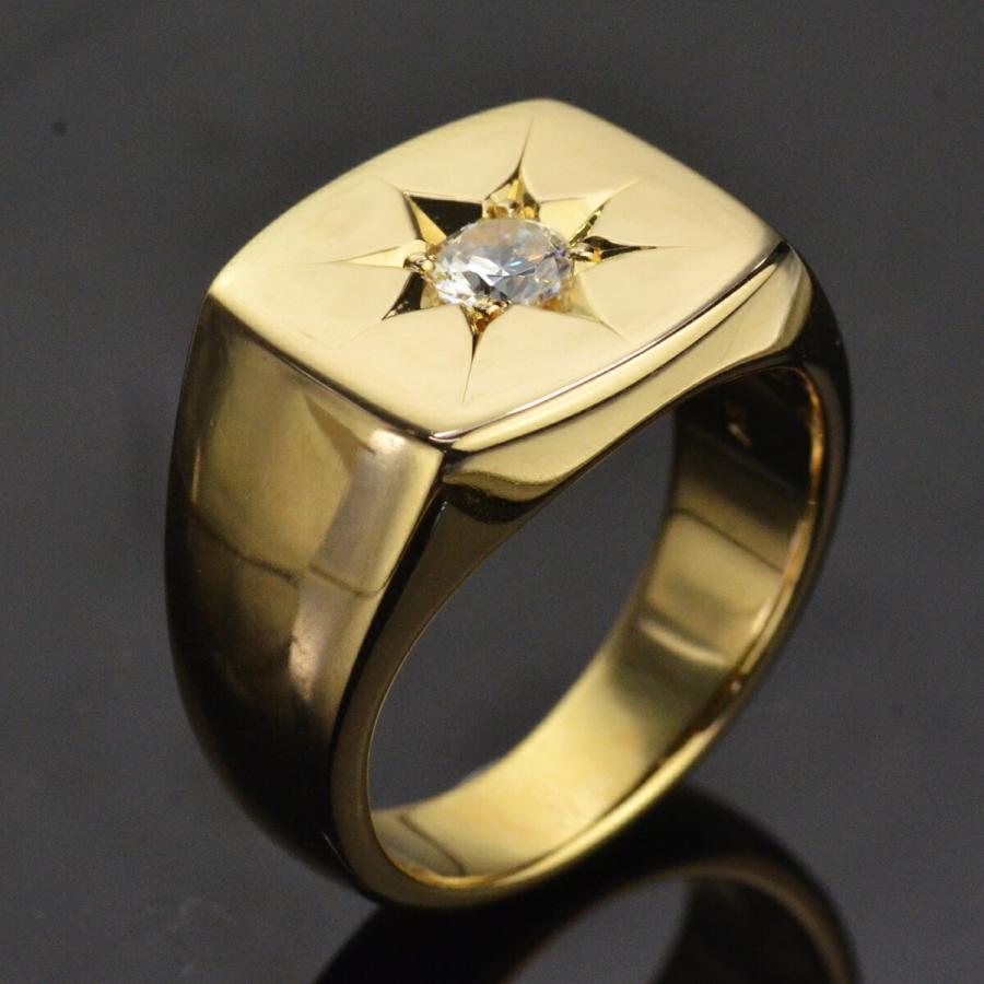 印台リング K18 18k メンズ 指輪 18金 ゴールド ダイヤモンド 後光留め 