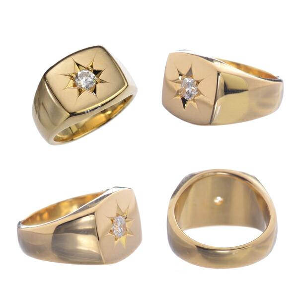 印台リング K18 18k メンズ 指輪 18金 ゴールド ダイヤモンド 後光留め