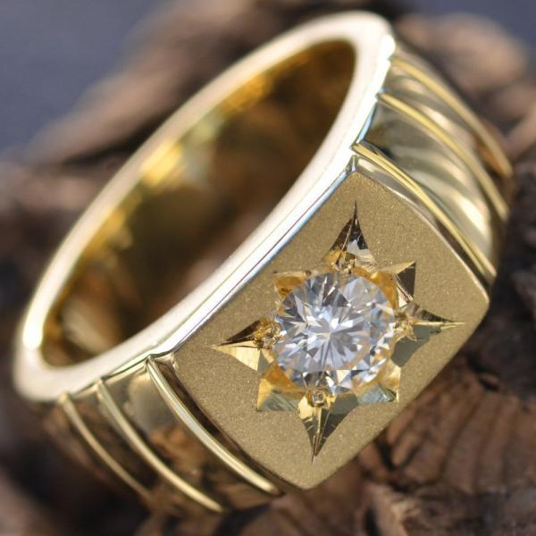 指輪 メンズリング 18金 K18 18k 印台 ゴールド ダイヤモンド 艶