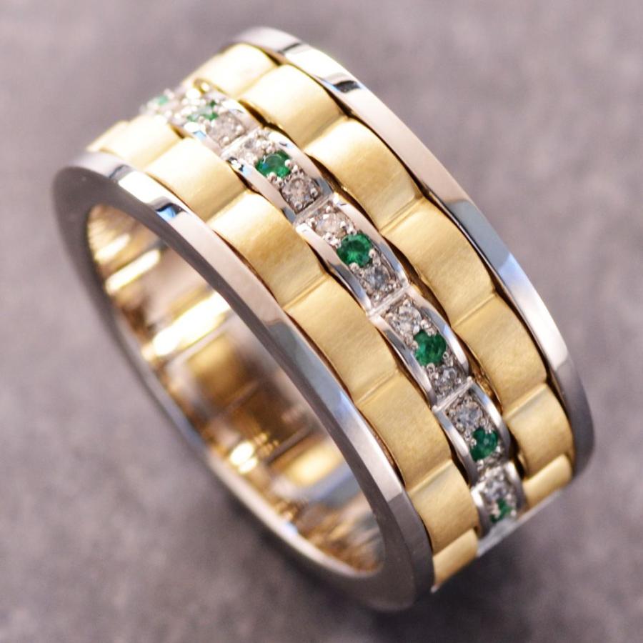 指輪 メンズリング 18金 K18 18k ダイヤモンド エメラルド リング 