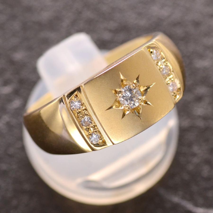 指輪 メンズリング 18金 K18 18k 印台 リング ダイヤモンド 後光留め