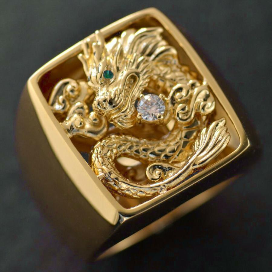 指輪 メンズリング 18金 K18 18k 印台リング ダイヤモンド グリーン