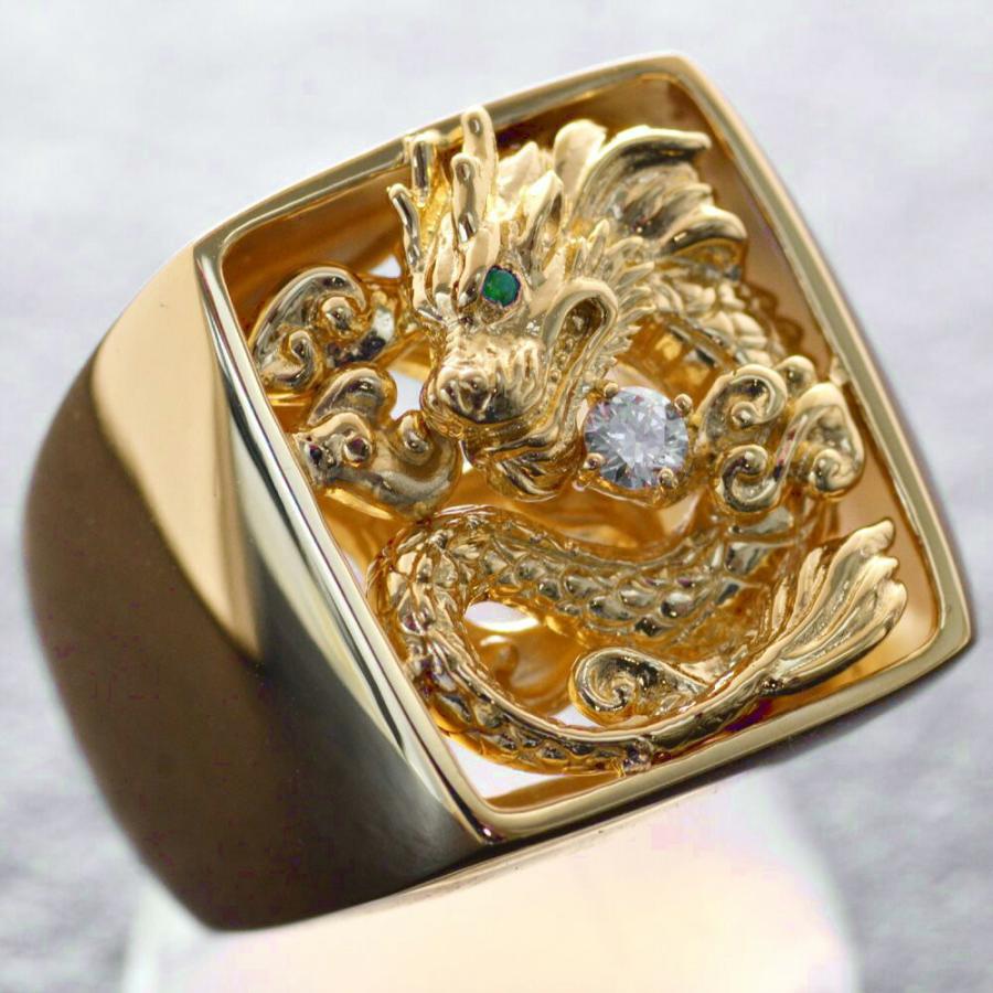 指輪 メンズリング 18金 K18 18k 印台リング ダイヤモンド グリーン 