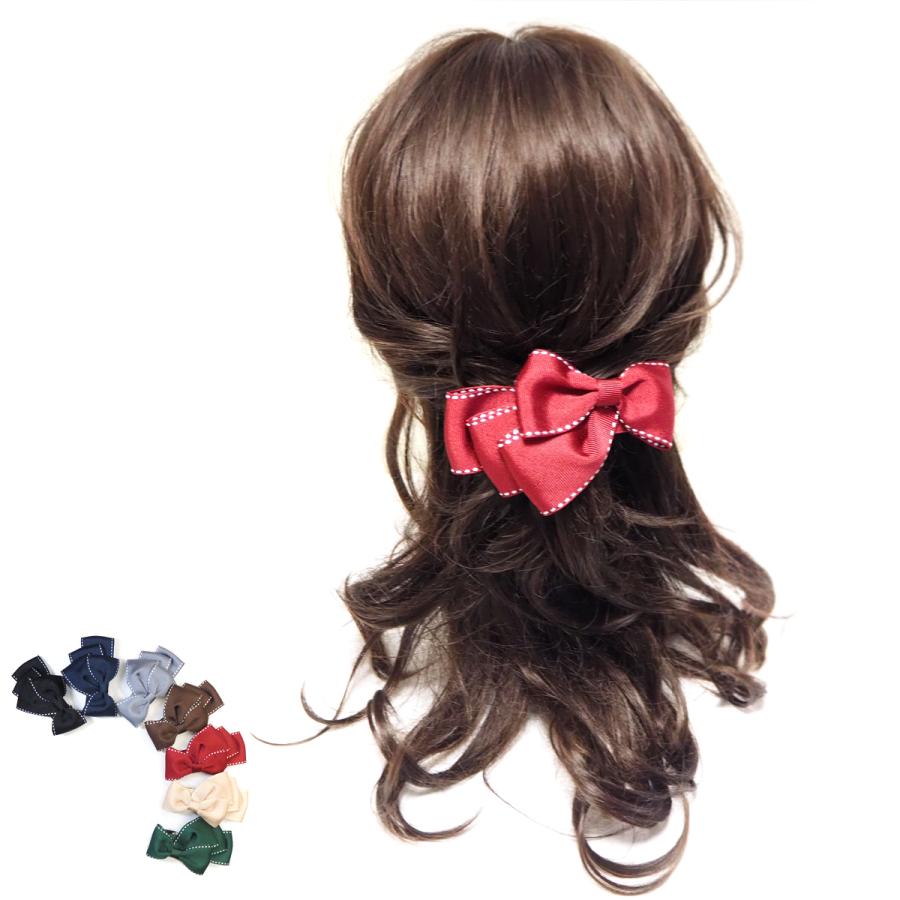 サイドステッチ ダブルリボン ベビーヘアクリップ ヘアピン ヘアゴム