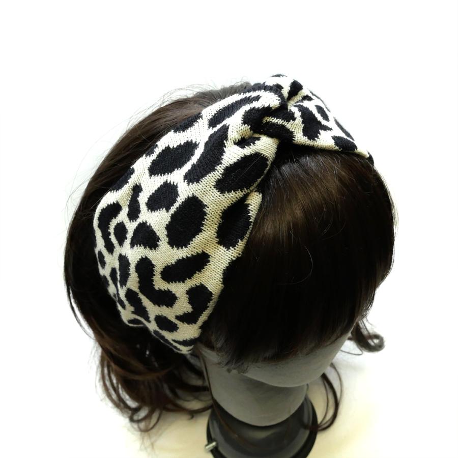 秋冬 ヘアバンド ターバン 厚手ニット ヒョウ柄 レオパード クロス