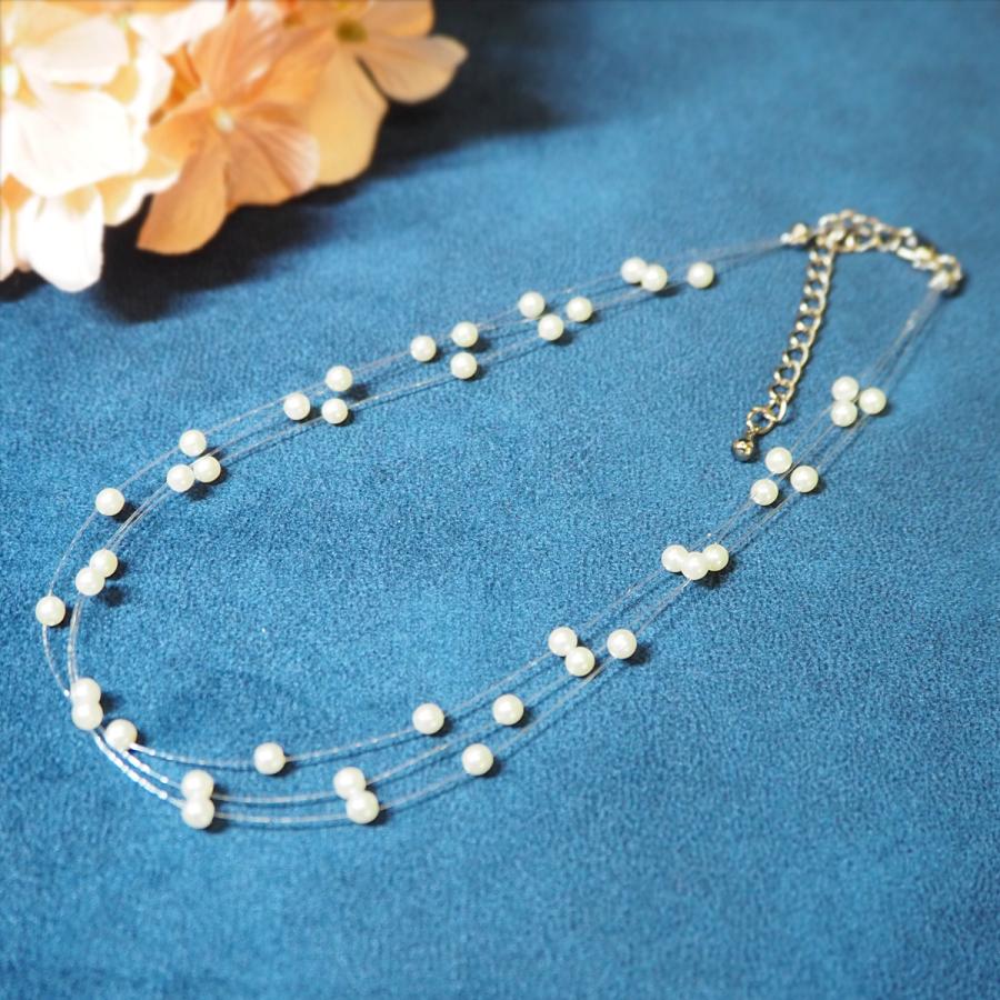 レディース パール テグス ネックレス 3連 28cm ショート