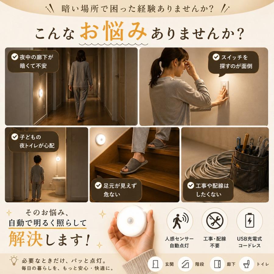 人感センサーライト LED センサーライト 室内 USB 充電式 人感 玄関