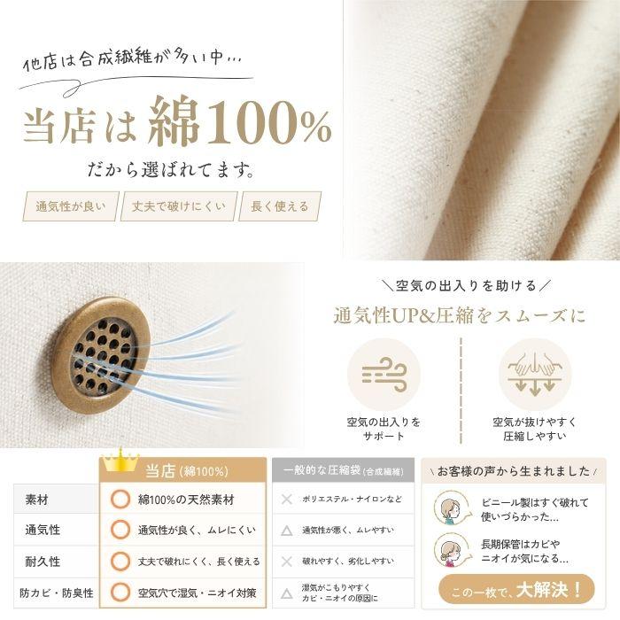 布団圧縮袋 掃除機不要 綿100% 通気性 2WAY 布団収納袋 布団収納ケース 手押し圧縮 毛布収納 カビ対策 衣類収納 透明窓付き 防湿 防塵 長期保管 衣替え |  | 08