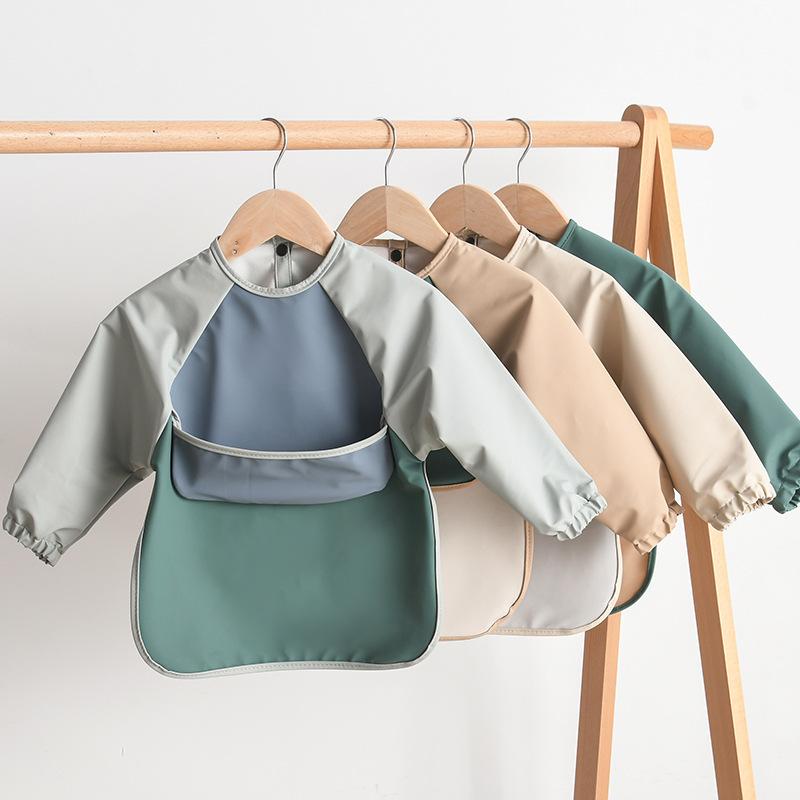 お食事エプロン 胸ポケット 保育園 袖付き 無地 長袖 スモック 耐水 撥