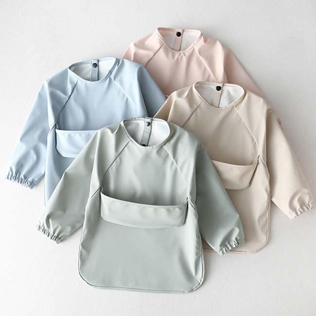 お食事エプロン 胸ポケット 保育園 袖付き 無地 長袖 スモック 耐水 撥