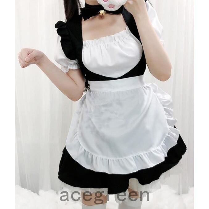 当店一番人気 メイド服 コスプレ衣装 膝丈 裾フリル ワンピース 半袖 ウェイトレス エプロドレス ロリータ服 猫耳カチューシャ付 ネックウェア ベル ハロウィーン メイド服 カラー 黒 Www We Job Com