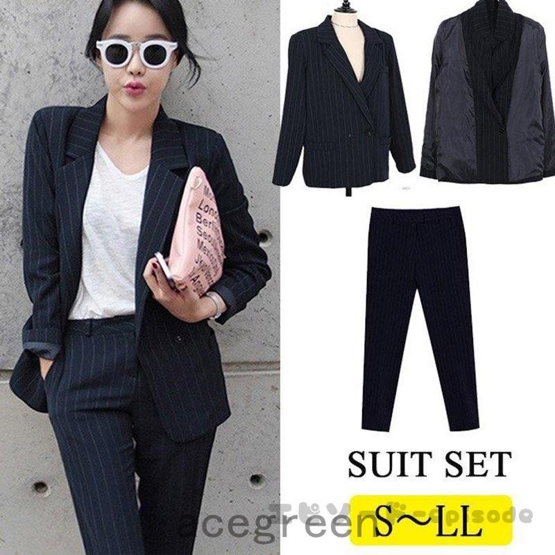 1161円 驚きの値段で リクルートスーツ 女性 スーツ レディース パンツスーツ ストライプ 2点セット 通勤 ビジネス 就活 面接 大きいサイズ