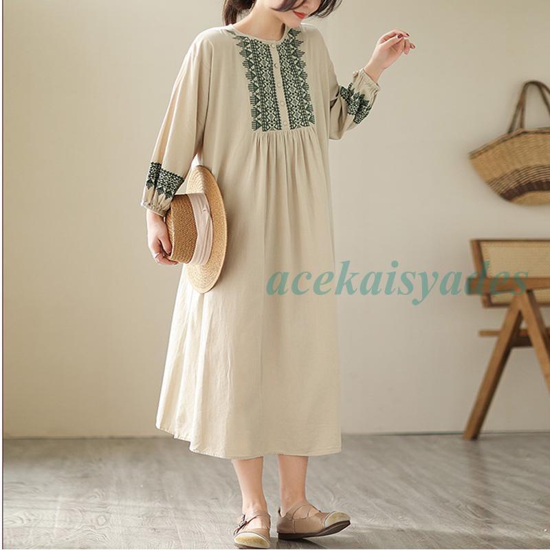 刺繍ワンピース 長袖 レディース ロングワンピース バルーン袖