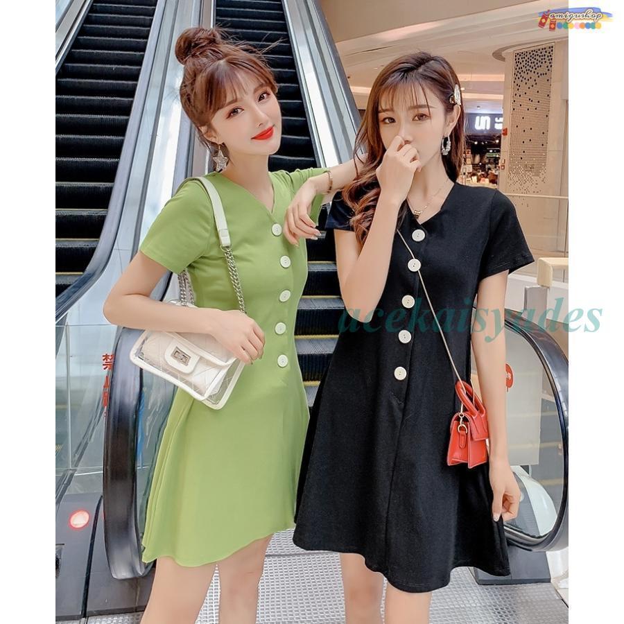 ワンピース・ヴァーニ半袖　黒×緑　M ワンピース レディース Vネック 半袖 ハーフボタン ミニスカート