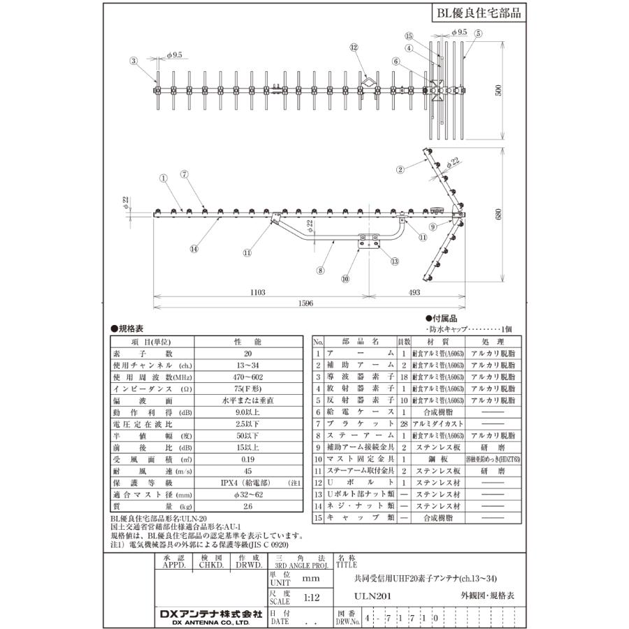 DXアンテナ ULN201 UHF20素子アンテナ(ローチャンネル) ローチャンネル(13ch.〜34ch.)対応共同受信用八木式アンテナ 水平・垂直偏波対応 BL優良住宅部品認定品_2