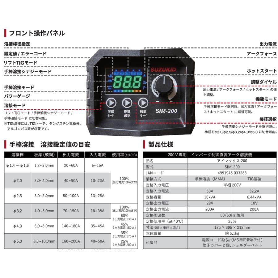 SUZUKID アイマックス200 SIM-200 200V専用直流インバータ 被覆 SUZUKID アイマックス200 SIM-200 200V専用直流インバータ 被覆