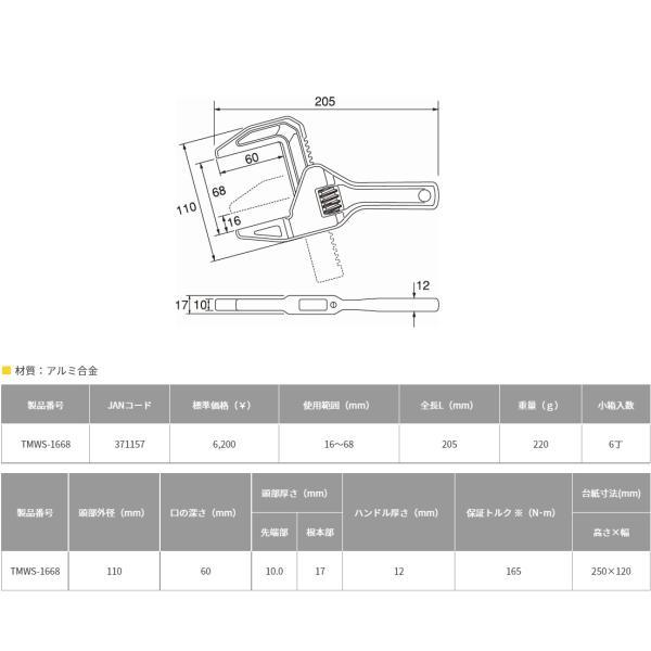 ップ工業 TMWS-1668 ショートトラップレンチ(たて型アルミモーターレンチ) 口開き寸法16-68mm TOP メール便発送｜acekeisoku｜04