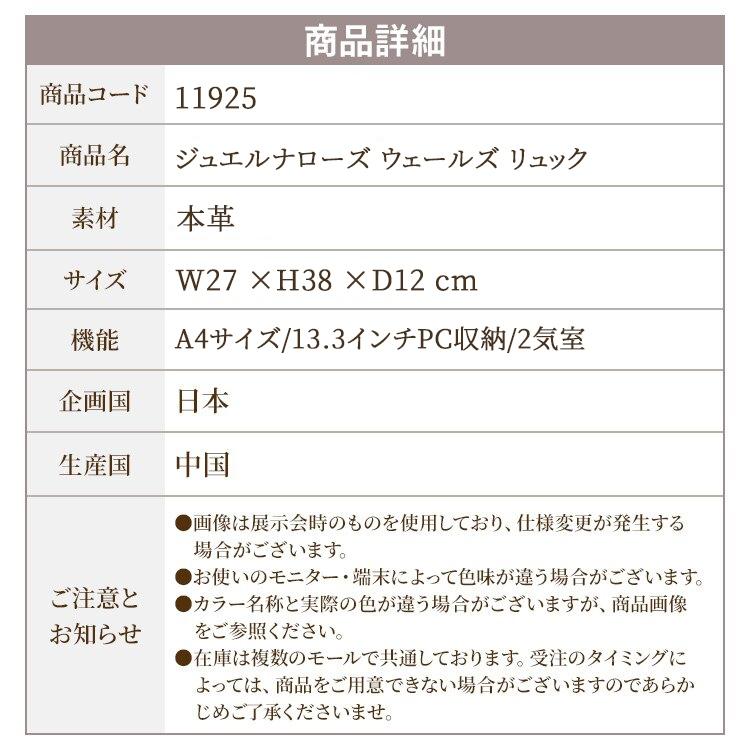 公式 リュックサック バックパック ビジネスリュック A4 14.0インチPC 仕事 通勤 通学 本革 牛革 レザー ジュエルナローズ JewelnaRose ウェールズ 11925の画像