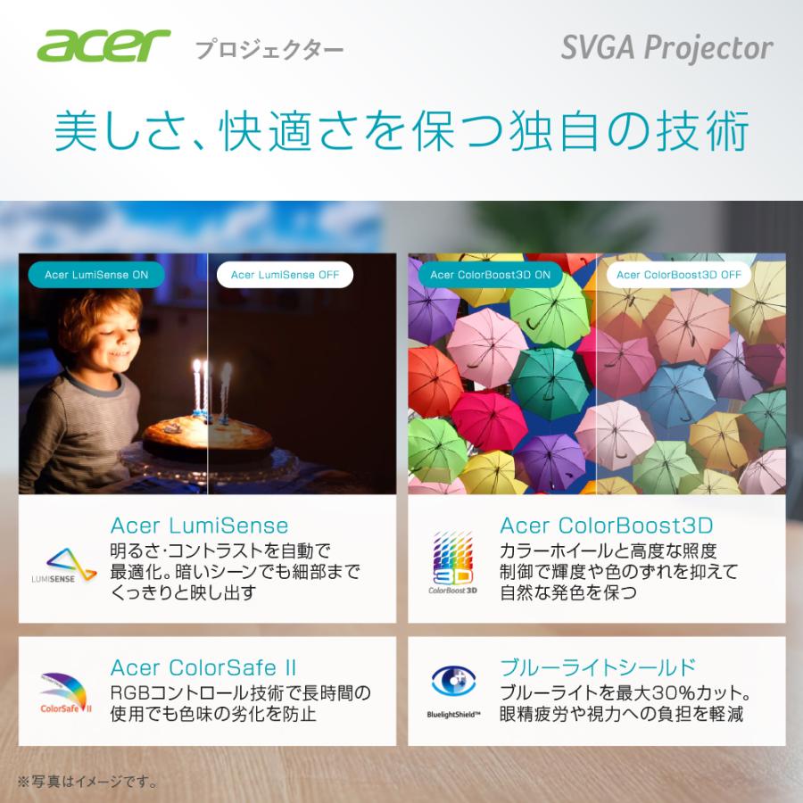 Acer プロジェクター DLP方式 SVGA 4800ANSIルーメン 240Wランプ 120Hz 20,000:1 リモコン付属 HDMI 1.4a (HDCP 1.4対応)×1 ランプ寿命最大15,000時間 X1128Hの画像
