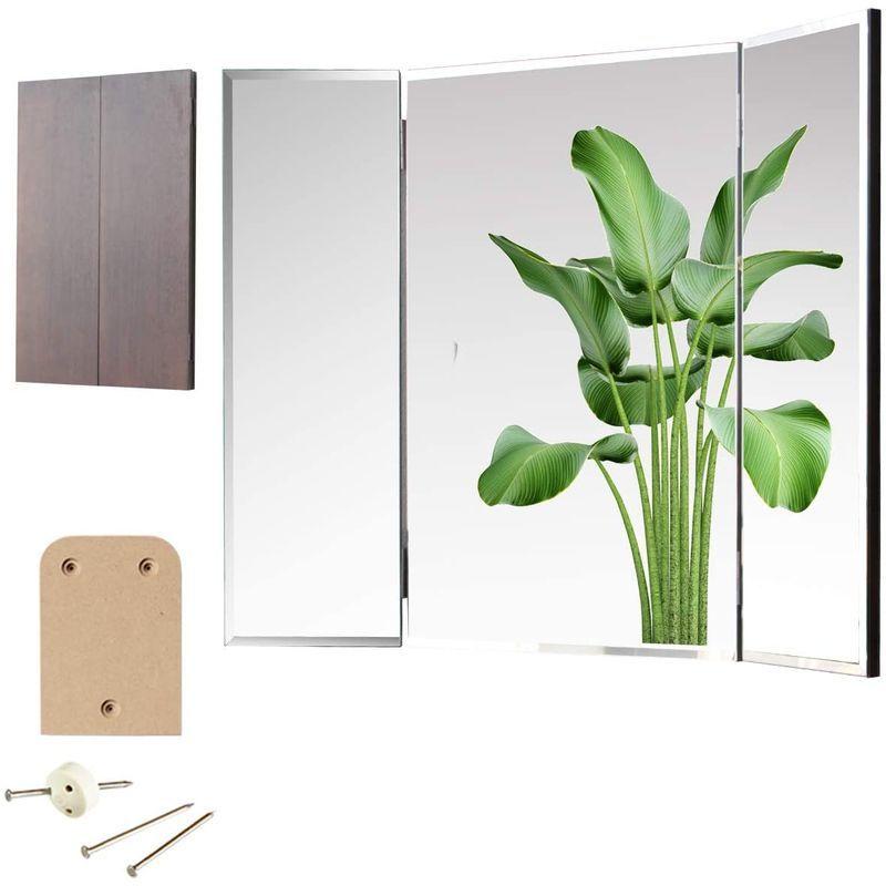 三面鏡 壁掛け クイーン 36×60cm（全開72cm） 賃貸の壁に貼れる鏡・ドレッサー ミラー ダーク色/取付品一式付 壁掛け クイーン 36×60cm 全開72cm 賃貸の壁に貼れる鏡 ドレッサー ミラー ダーク色/取付品一式付 アパート マンションなど賃貸の壁にも 穴を気にせず掛けられる 石膏ボードピン に対応