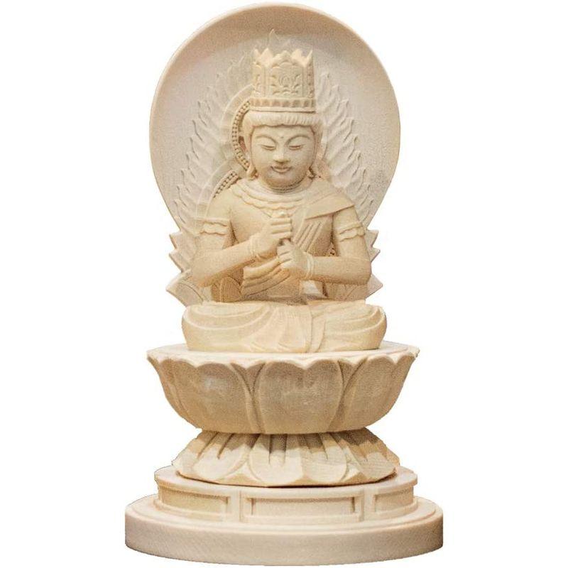 高質小型仏壇用 仏像 大日如来像 真言宗 円光背ミニ ご本尊 ひのき製(白木) 総高14.5cm 1.8寸 丸台座 仏像
