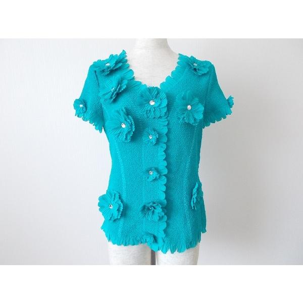 爆売り Snc ノコオーノ Nokoohno シャツ ブラウス 38 青緑 半袖 花モチーフ ラインストーン シワ加工 半袖 レディース 公式 Atempletonphoto Com